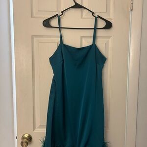 Teal mini dress with feather hem
